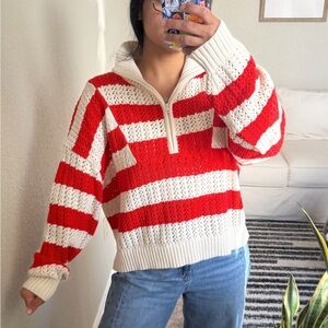 A New Day Red and White Striped Quarter Zip Sweater